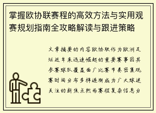掌握欧协联赛程的高效方法与实用观赛规划指南全攻略解读与跟进策略